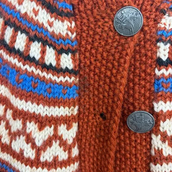 Handmade Hand Knit Women's Rusty Orange Fair Isle Cardigan Sweater Size Medium - Picture 7 of 7